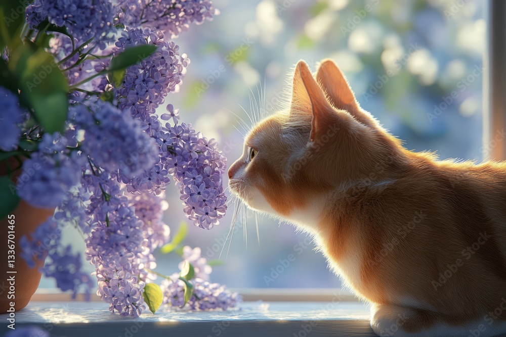 Cat explores lilac flowers on a sunny day by the window in a cozy indoor setting