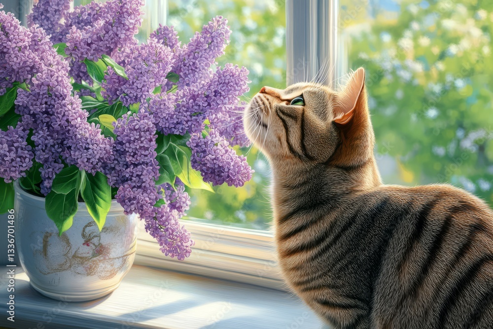 Tabby cat enjoys the scent of lilacs by the window on a sunny afternoon in springtime