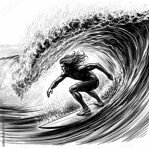 Surfer in wetsuit riding wave in black & white illustration
