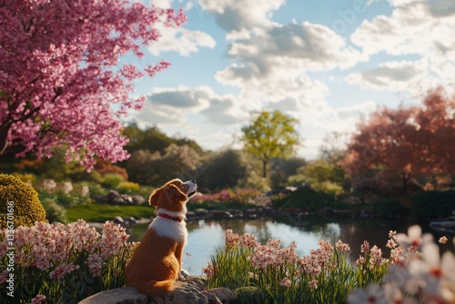 Dog enjoying a peaceful moment by the pond surrounded by blooming flowers and cherry blossom trees in the afternoon sunlight
