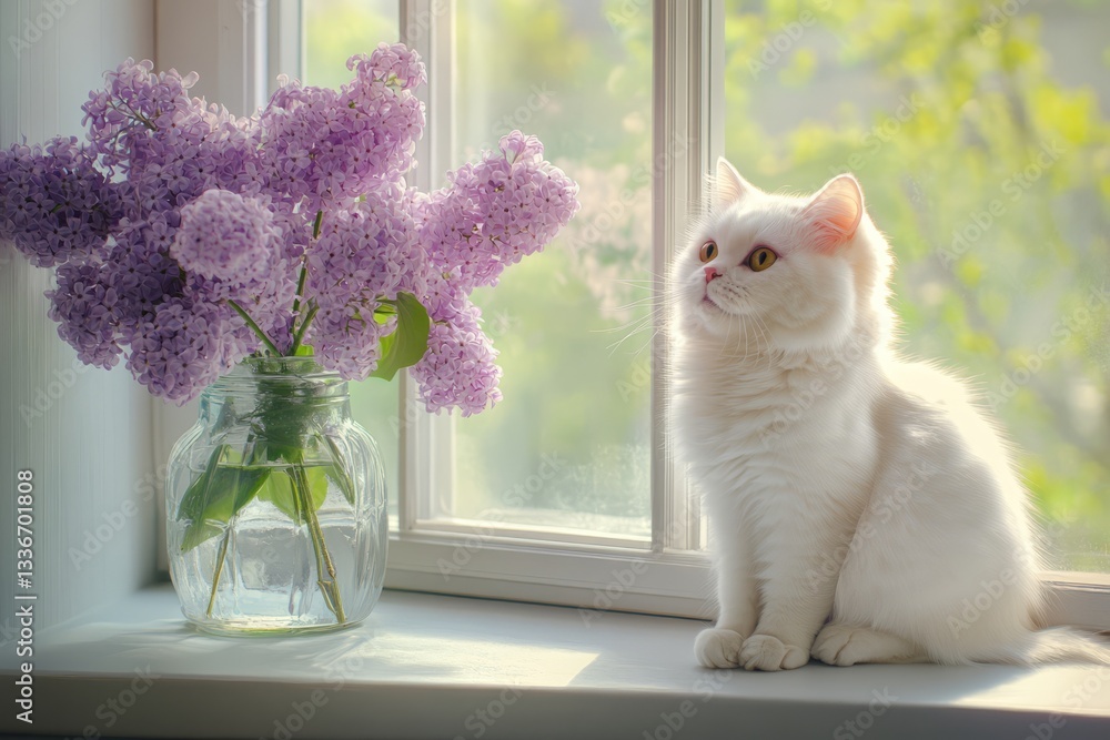 White cat sitting on a windowsill beside a vase of lilac flowers in a sunlit room