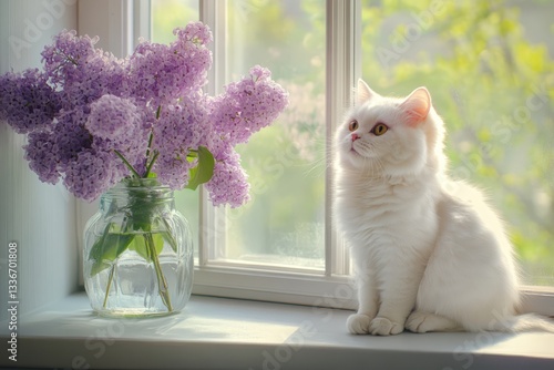 Obraz na płótnie White cat sitting on a windowsill beside a vase of lilac flowers in a sunlit room w salonie