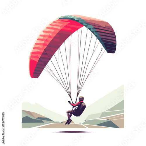 Person paragliding over mountain landscape.