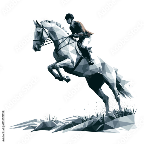 Horseback rider jumping over obstacle in modern style