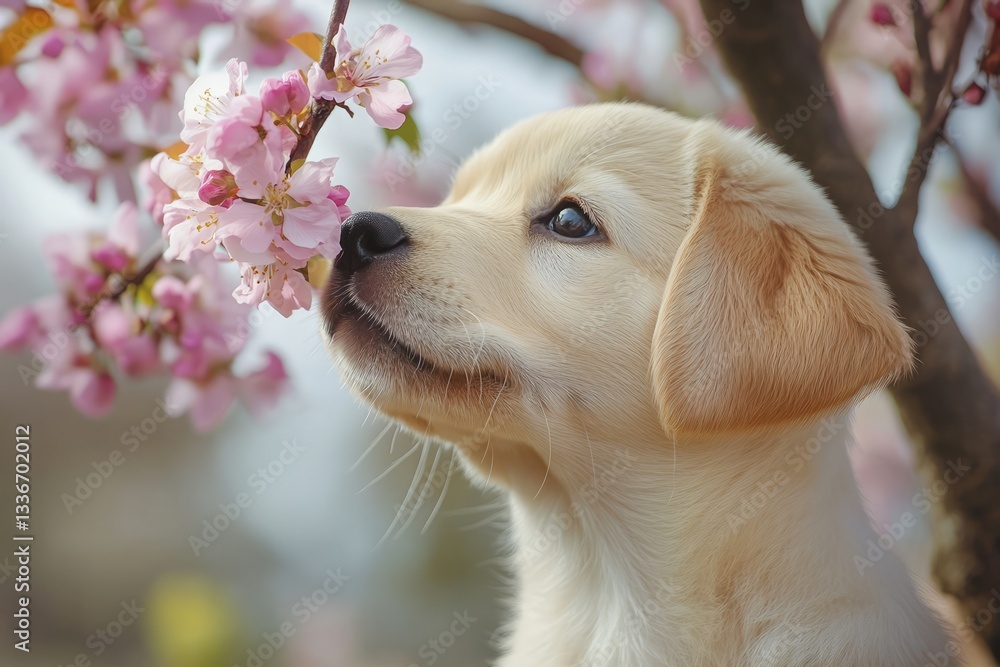 Golden retriever puppy enjoys the fragrance of blooming flowers in springtime garden
