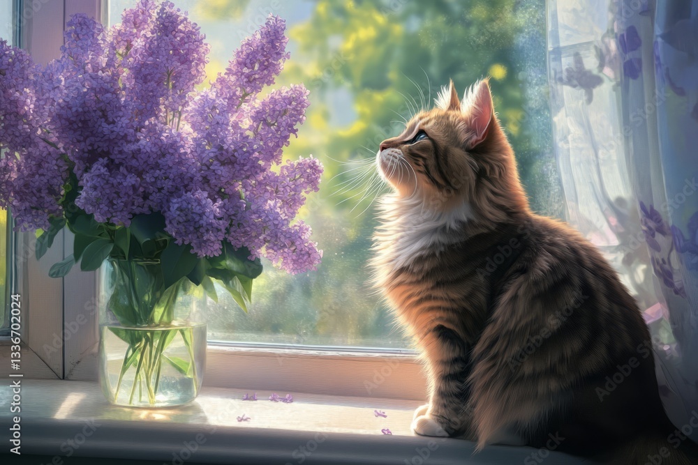 Cat sitting beside lilac flowers on a sunny windowsill creating a serene atmosphere in a cozy room