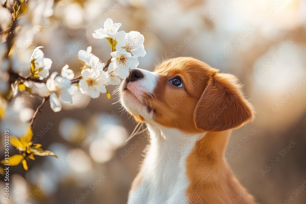 Puppy enjoys spring blossoms in a sunlit garden during a warm afternoon