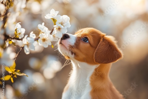 Puppy enjoys spring blossoms in a sunlit garden during a warm afternoon