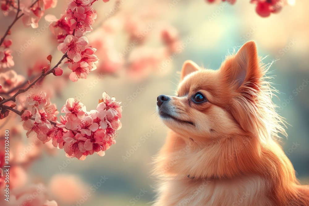 Cute small dog admires blooming cherry blossoms in a soft spring afternoon light
