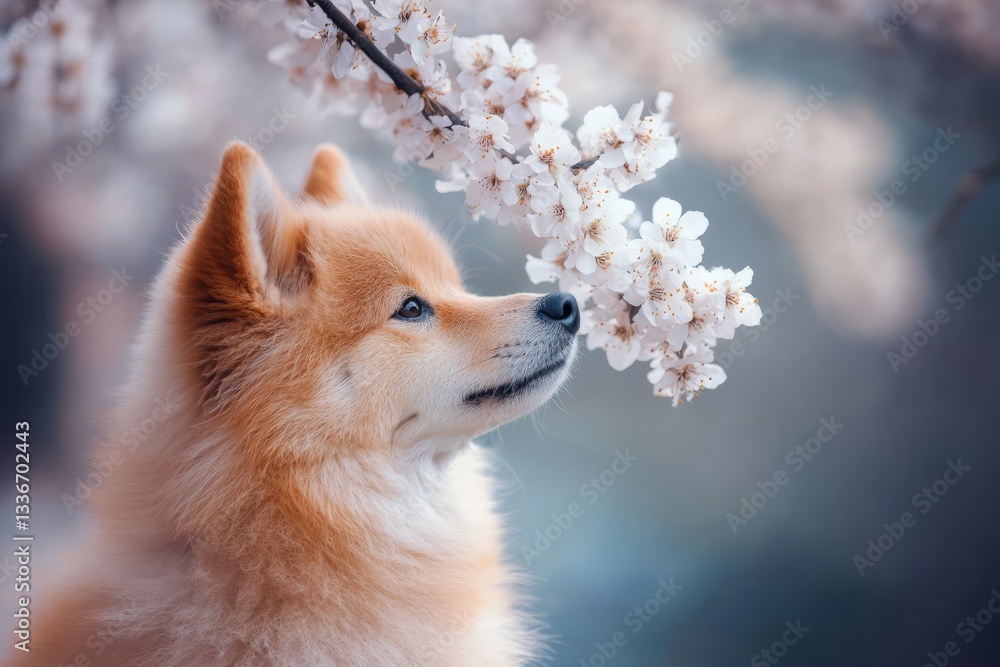 Pomeranian admires cherry blossoms in a serene spring landscape