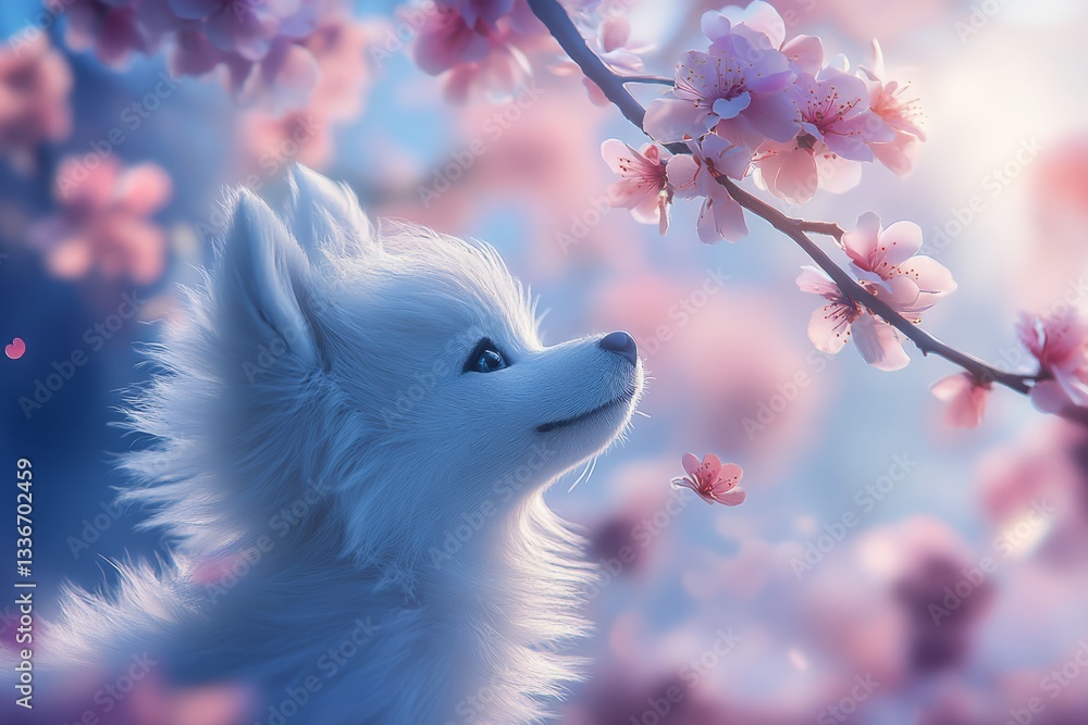 White fluffy dog gazes at cherry blossom tree in a serene spring garden setting