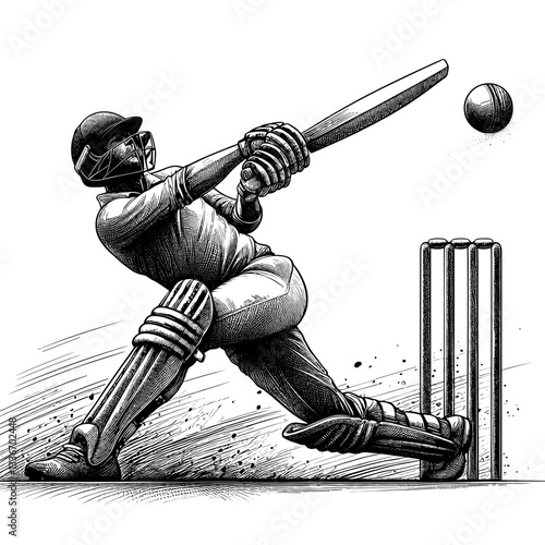Cricketer hitting ball at stumps.