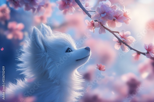 Obraz na płótnie White fluffy dog gazes at cherry blossom tree in a serene spring garden setting w salonie