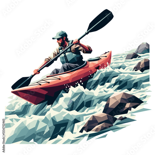 Man paddling in kayak against turbulent waters.