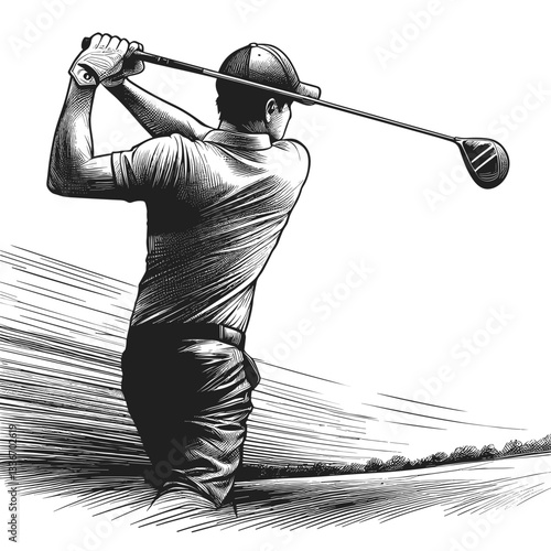 Golfer swinging club on green course.