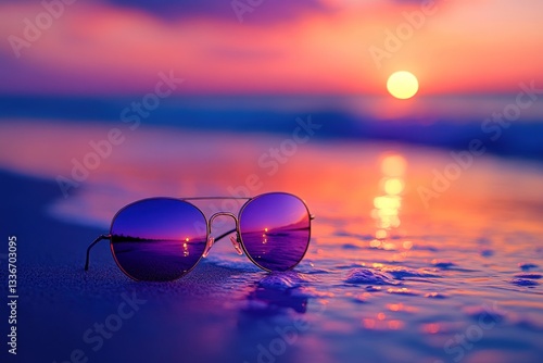 Wallpaper Mural Sunglasses reflecting a vibrant sunset on the beach Torontodigital.ca