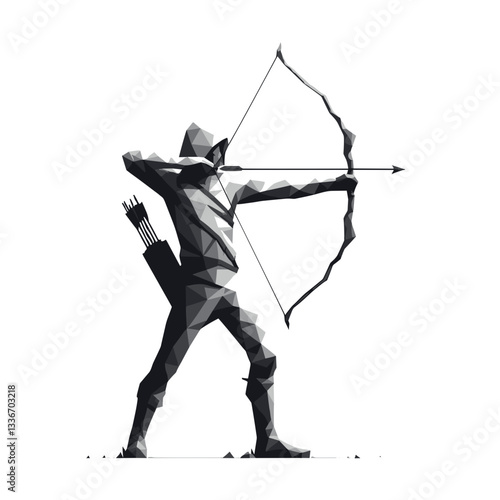 Archer aiming arrow against plain background.