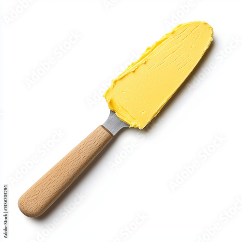A bright yellow spatula featuring a wooden handle captured in a realistic photography style with ample copy space for textual content perfect for culinary use