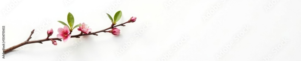 Fototapeta premium Single branch with leaves and flowers on a white background, nature, blossom