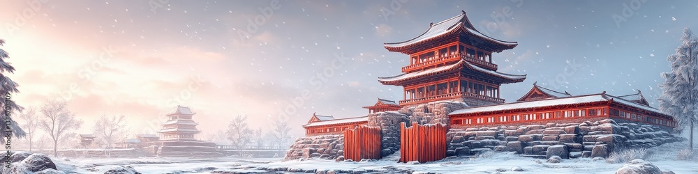 Fototapeta premium Stunning Japanese Winter Landscape with Traditional Pagoda and Snow-Covered Trees at Sunrise - Discover the Beauty of Historical Japanese Architecture and Scenic Views