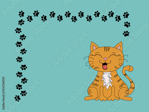  Frame, border with pet, kitten. Cartoon funny cat, footprints, paw prints. Place for text, postcard design, information banner. Funny laughing cat. Vector doodle illustration, isolated background.
