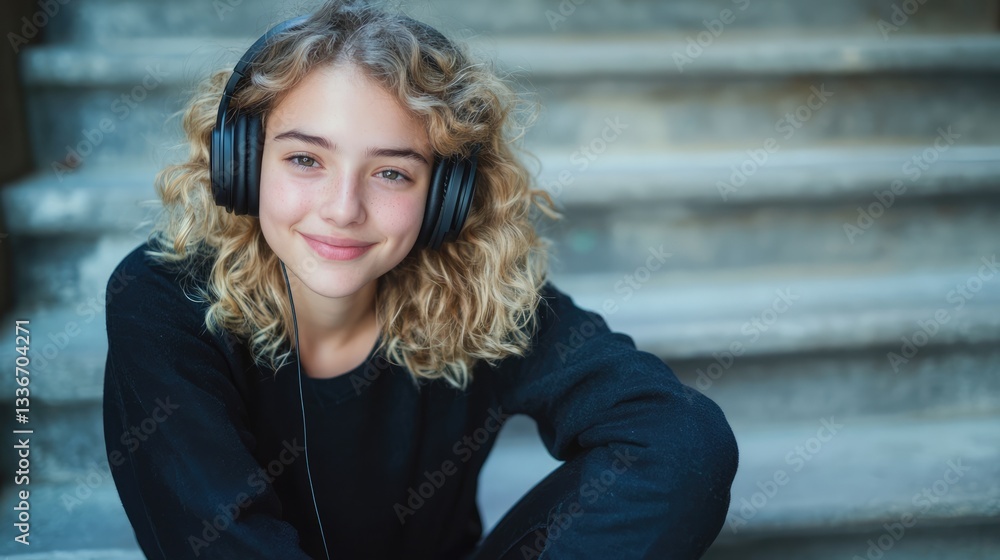 A young girl with curly hair and headphones smiles while sitting on stone steps, enjoying her music in a serene setting A young girl with curly hair and headphones smiles while sitting on stone steps, enjoying her music in a serene setting