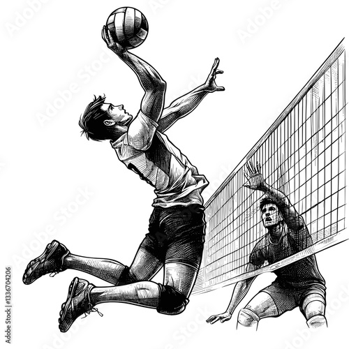 Volleyball player diving to hit ball in net action sketch.
