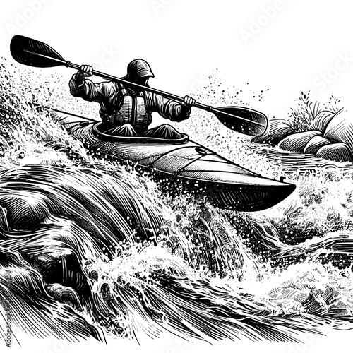 Kayaker paddling vigorously against rough waters