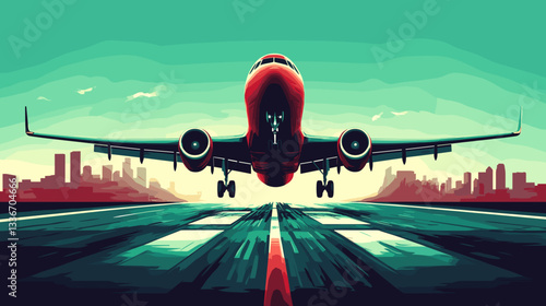 Airplane taking off in digital style with bright colors representing travel
