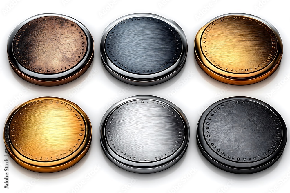Set of gold, silver, and bronze medals and buttons with vintage design elements Set of gold, silver, and bronze medals and buttons with vintage design elements