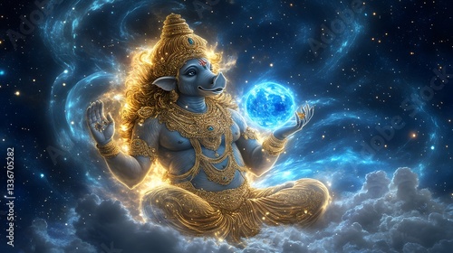 Lord Varaha, the boar avatar of Vishnu, lifting the Earth goddess Bhudevi from the cosmic ocean, the universe swirling behind him
