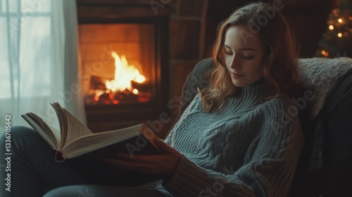 Cozy indoor scene of a woman reading a book by a warm fireplace, with holiday decorations softly glowing in the background