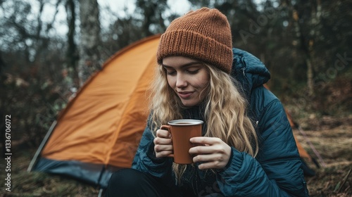 A young woman enjoying a warm drink while sitting near her tent in a serene forest setting during autumn