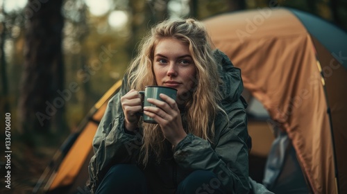 Woman enjoying a warm beverage while sitting outside a tent in a serene forest setting during autumn