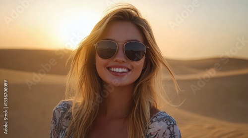 Smiling woman in sunglasses poses against a stunning desert sunset, capturing joy and tranquility in nature