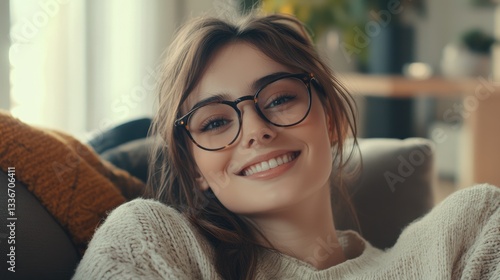 Young woman with glasses smiling warmly while sitting on a cozy sofa in a well-lit living room with plants