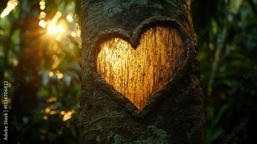 Obraz premium Heart-shaped cavity in tree trunk, bathed in golden sunlight