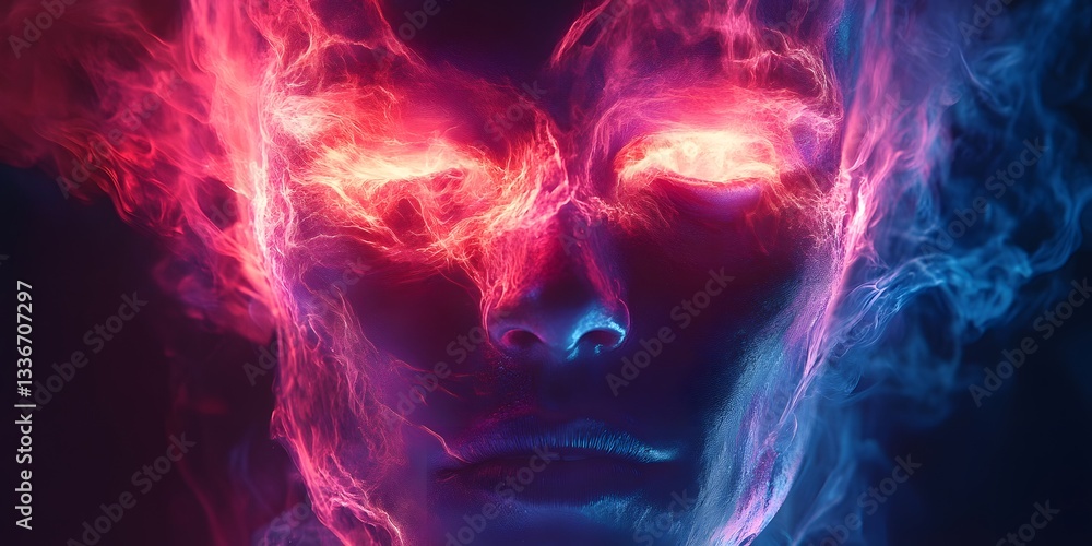 Enigmatic Essence: A portrait of a person whose face is engulfed in a mysterious veil of vivid colors and swirling energy. Enigmatic Essence: A portrait of a person whose face is engulfed in a mysterious veil of vivid colors and swirling energy.