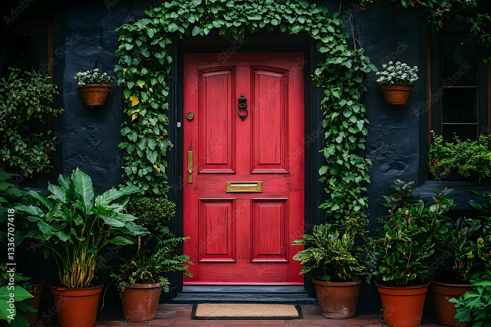 Fototapeta premium Vibrant red door surrounded by lush greenery and potted plants in a charming urban setting