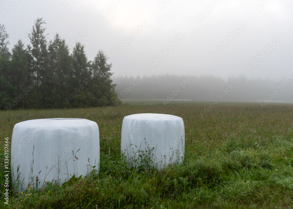 early summer morning, mist, summer countryside, white hay rolls, meadow flowers