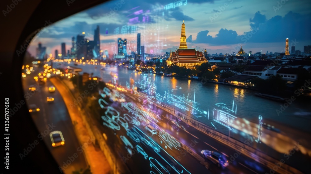 Fototapeta premium Bangkok cityscape at night, river traffic, overlayed data. Possible use Stock photo