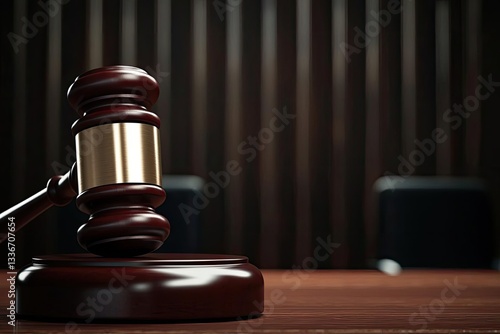 A close-up of a wooden gavel resting on a law office table, symbolizing justice and the legal process in a courtroom setting.