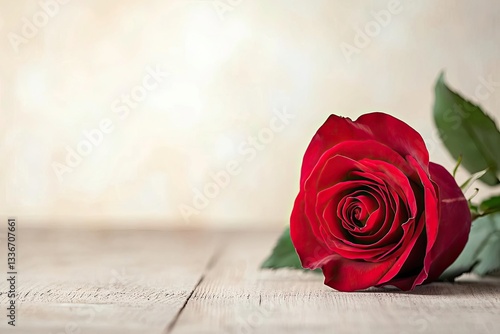 A close-up of a beautiful red rose with green leaves on a rustic wooden surface, creating a romantic and serene atmosphere.