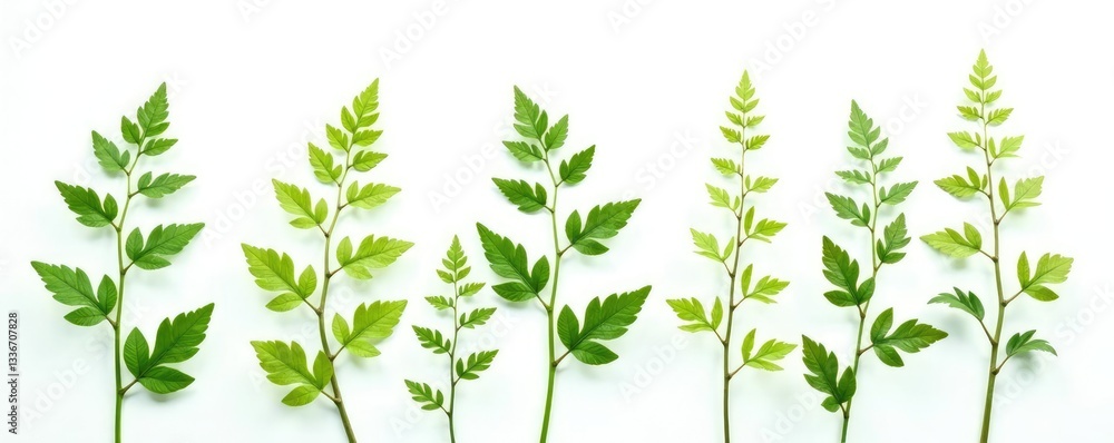 Naklejka premium Sprigs of ferns with delicate fronds and slender stems isolated on white background, forest, botanical, greenery