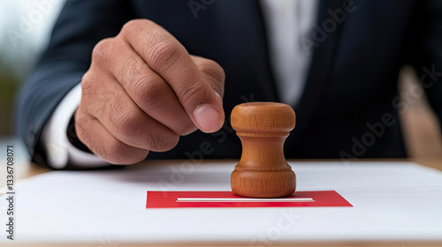 A person applying a wooden stamp to a document on a table, conveying the concept of approval and official actions in a professional setting.