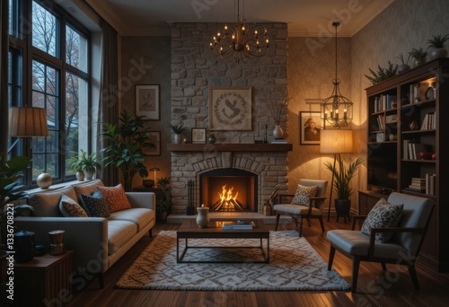 Wallpaper Mural Rustic living room with stone fireplace and warm lighting Torontodigital.ca
