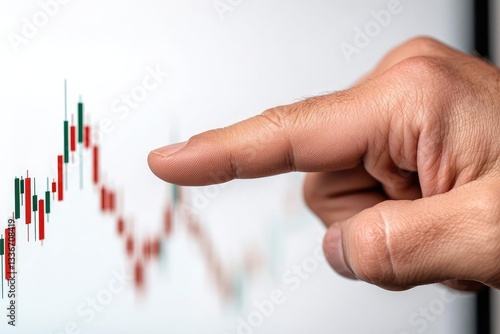 Close-up of a hand pointing at a rising stock market graph on a digital screen, illustrating investment growth and financial analysis.