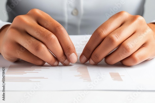 Close-up of a person's hands nervously fidgeting with paperwork on a table, conveying a sense of anticipation or uncertainty in a professional setting.
