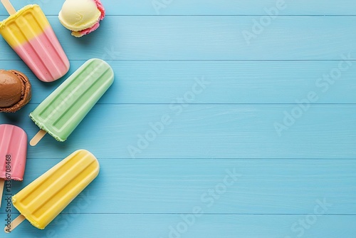 Colorful assortment of popsicles and ice cream on a blue wooden surface, perfect for summer treats and refreshing desserts.