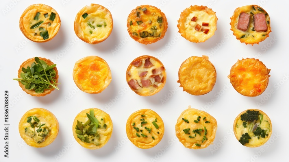 A Colorful Array of Mini Quiches Displayed on a White Surface, Showcasing Various Fillings Like Vegetables, Cheese, and Meats for Culinary Enjoyment and Inspiration A Colorful Array of Mini Quiches Displayed on a White Surface, Showcasing Various Fillings Like Vegetables, Cheese, and Meats for Culinary Enjoyment and Inspiration